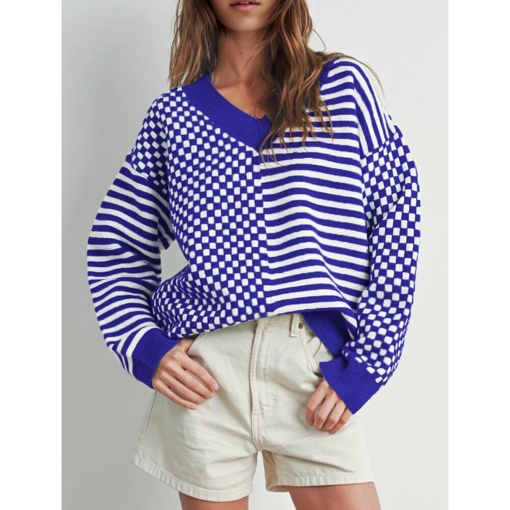 Women's Royal Blue Striped Checkered V Neck Casual Knit Trendy Pullover Sweaters - Picture 2 of 3